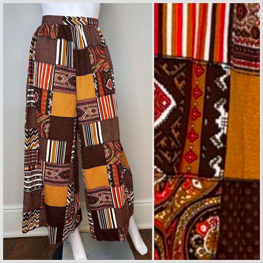 Vintage 1970s Brown Patchwork Print Palazzo Pants, Handmade XXS, Full Wide Leg